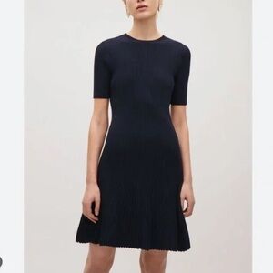 COS women’s dress navy blue ribbed fit and flared staple capsule career stretch